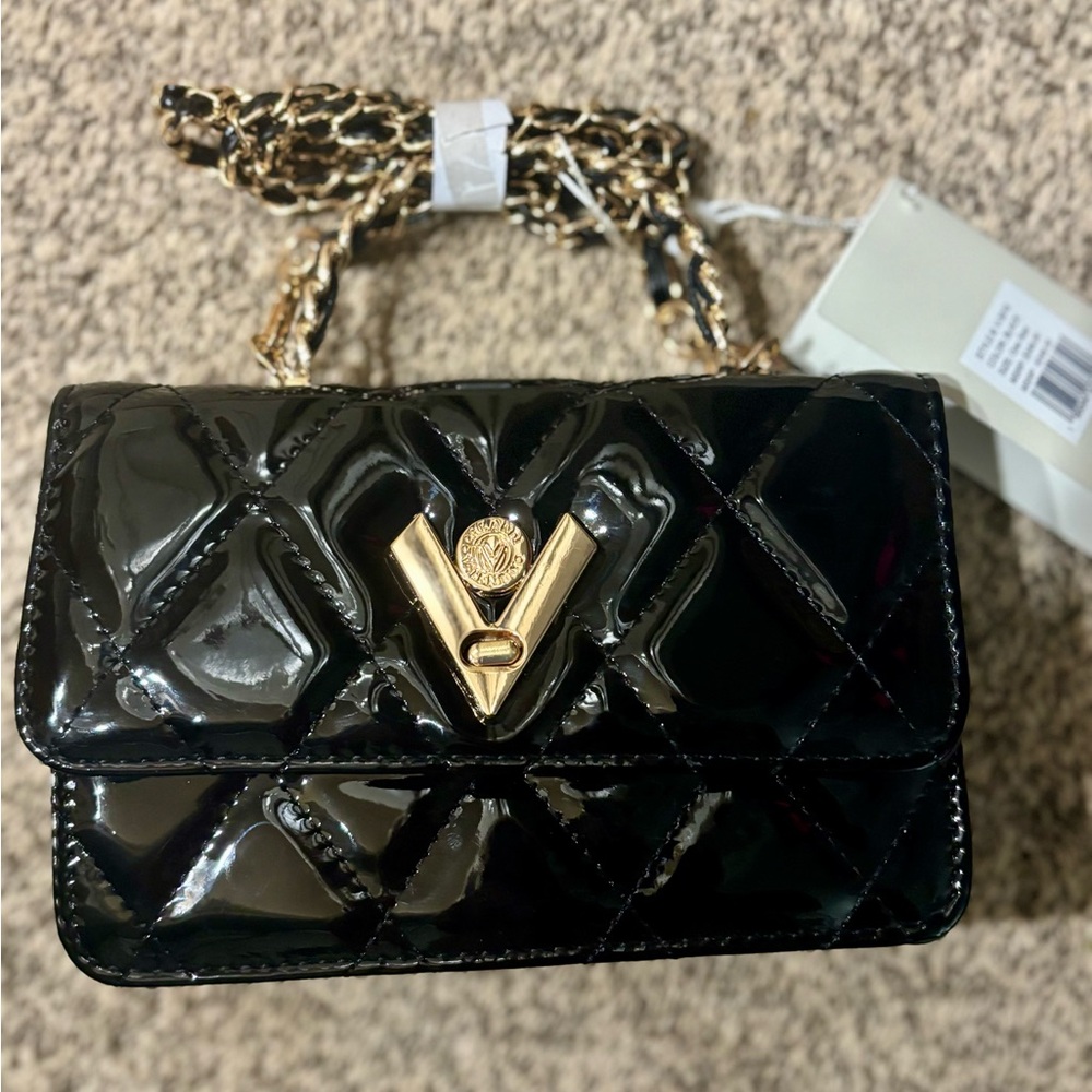 Valentino Orlandi Black and Gold Crossbody Bag with Glossy Finish